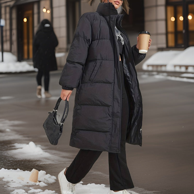 Women's black knee-length loose down jacket
