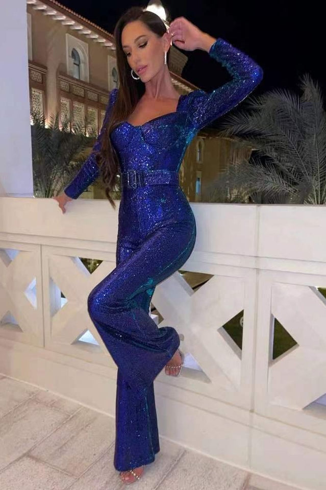 Women's Sequin Jumpsuit - Sweetheart Neckline - Long Sleeve - Belted Elegant Fit