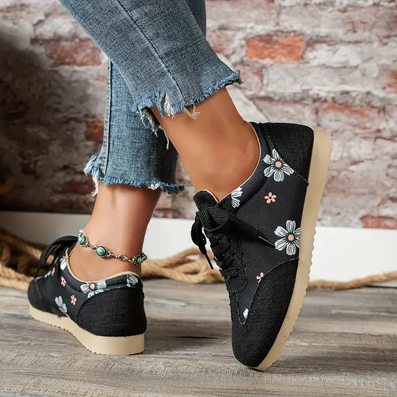 Floral Print Comfortable Lace-Up Sneakers