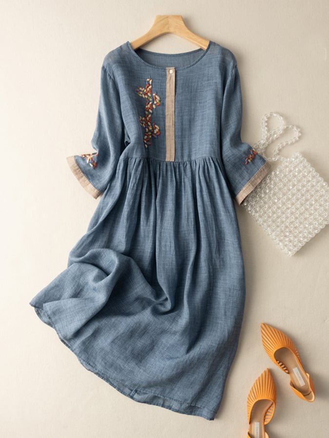 Women's Embroidered Dress - Midi Length - Three-Quarter Sleeve - Relaxed Fit