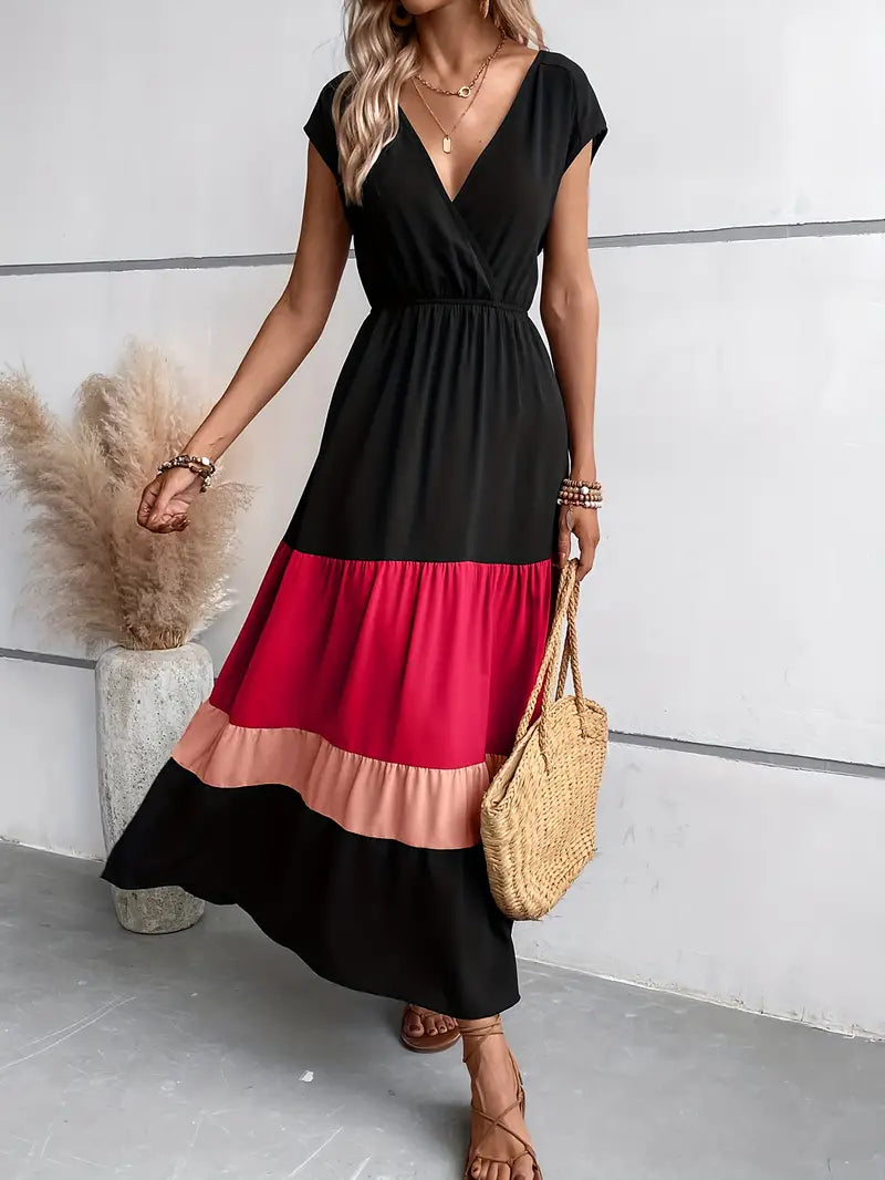 Women's Maxi Dress - V-Neck Short Sleeve - Cinched Waist Flowing Fit - Asymmetrical Hem