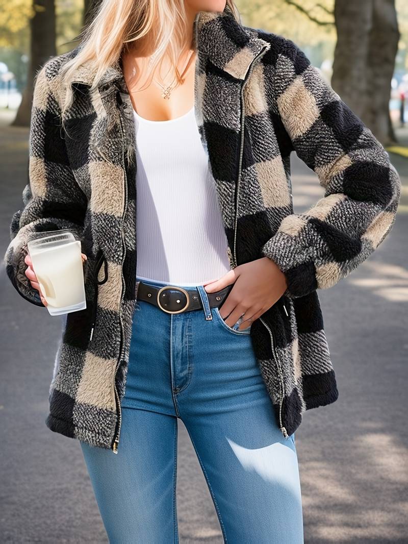 Women's checked teddy jacket with adjustable waist drawstring