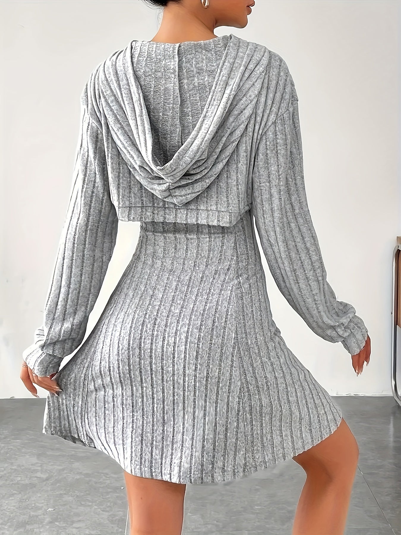 Two-piece ribbed knit skater dress with cropped hooded cardigan for women