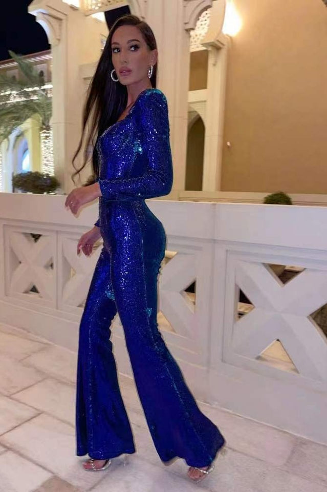 Women's Sequin Jumpsuit - Sweetheart Neckline - Long Sleeve - Belted Elegant Fit