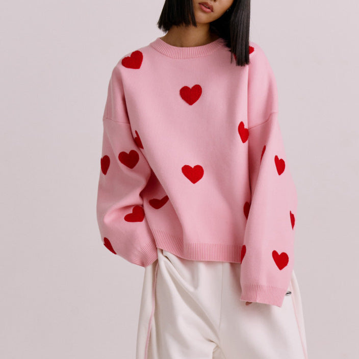 Women’s Knit Sweatshirt – Oversized Fit – Heart Pattern – Long Sleeve Casual Pullover