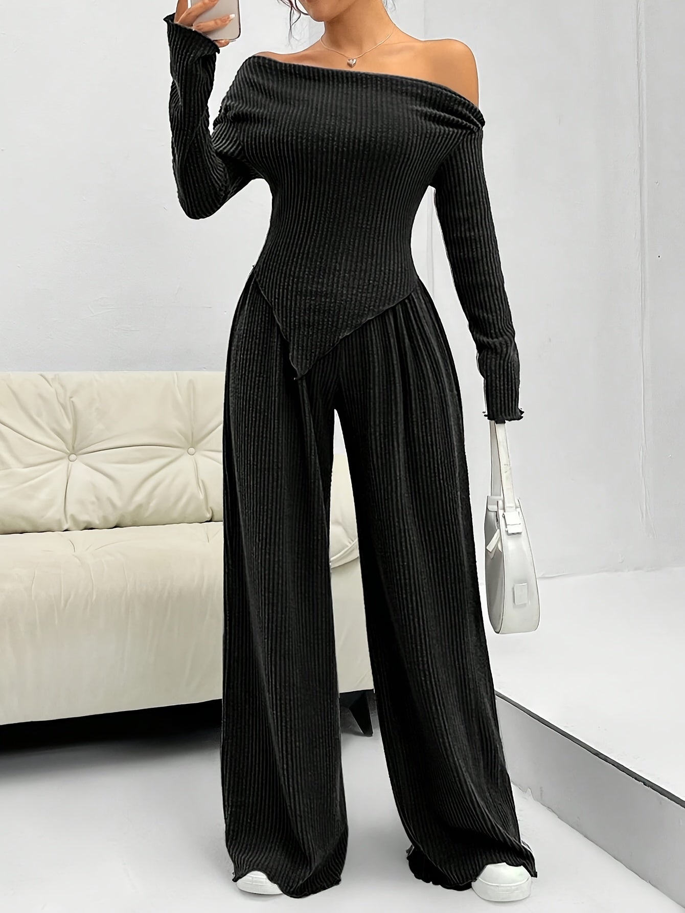 Two-piece off-shoulder ribbed top and wide-leg pants set for women