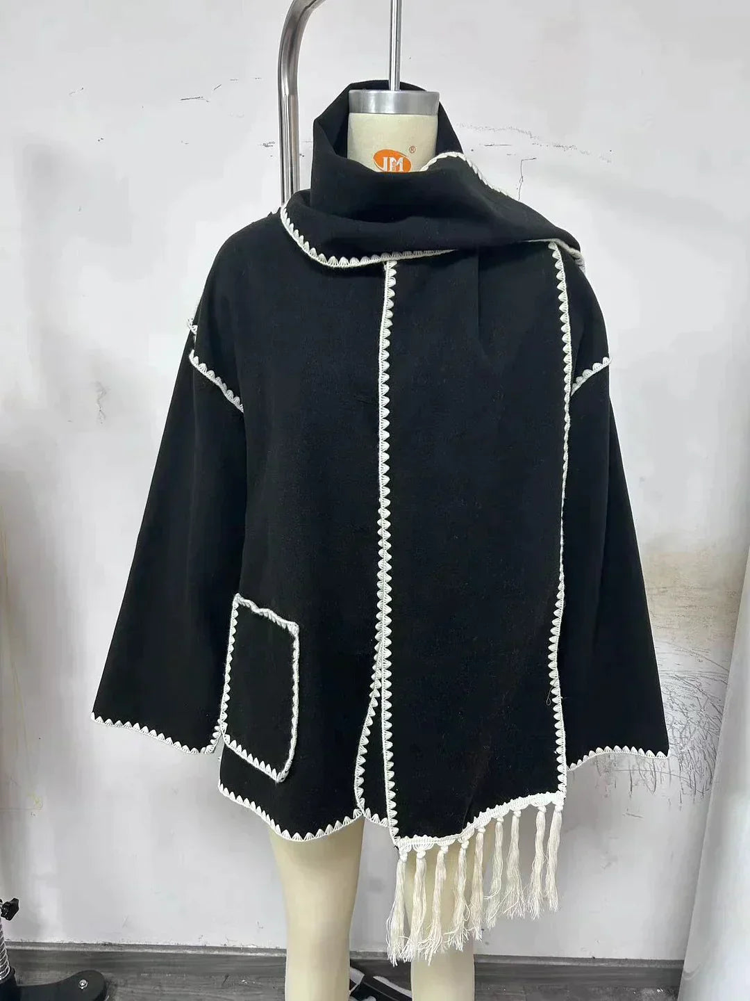 Women's coat with tassel scarf loose fit