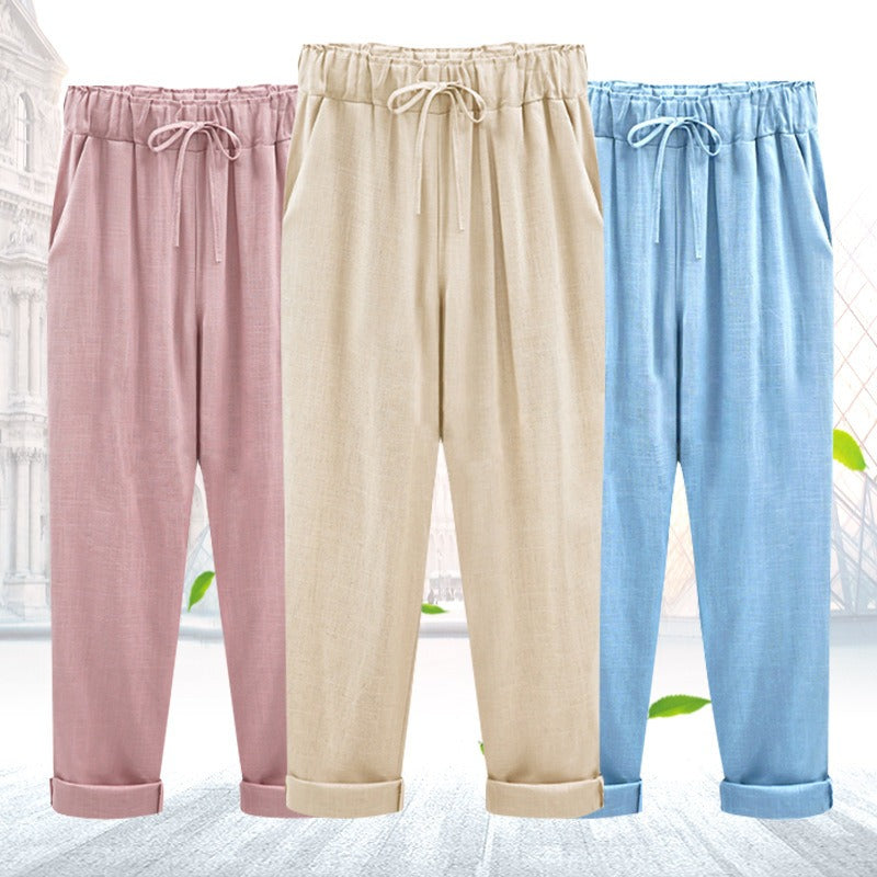 Women's Linen Pants - Loose Fit - Elastic Waist with Drawstring - Cropped Casual Wear