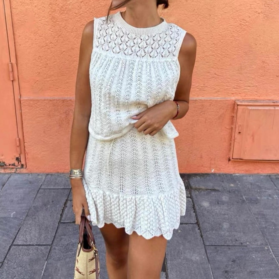 Women’s Sleeveless Knit Dress - Textured Open-Knit Top - Flared Skirt - Ruffled Hem