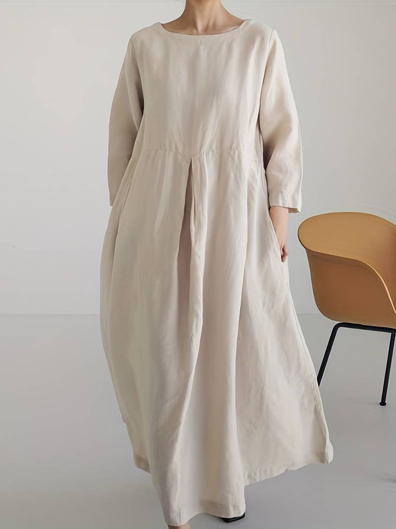 Women's Maxi Dress - Loose Fit - Pleated Skirt - Three-Quarter Sleeves - Flowy Elegant Style
