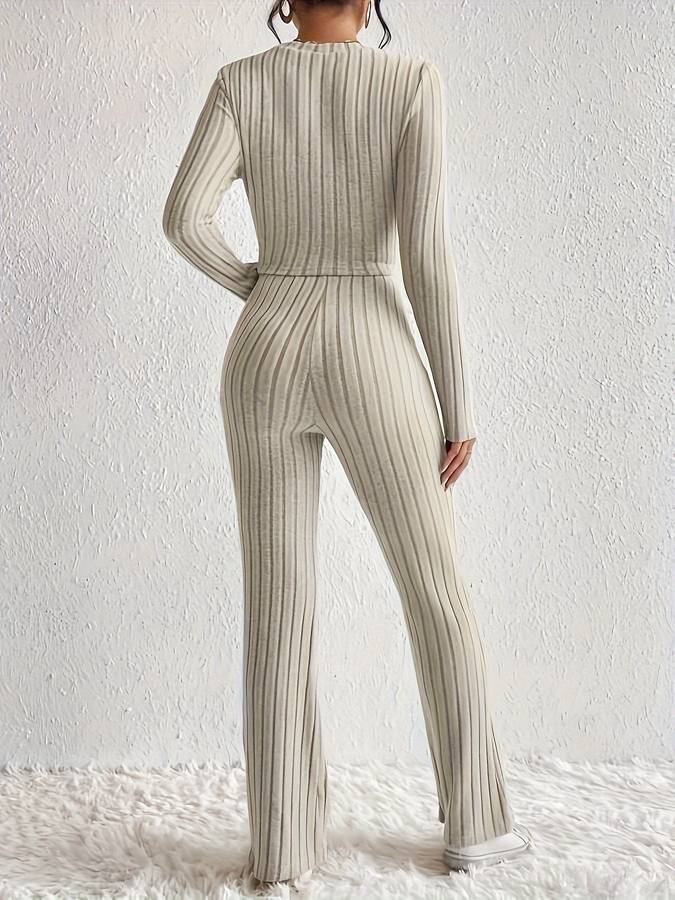 Women’s Knit Set – Ribbed Two-Piece – Long Sleeve Twist Top – High-Waist Flared Pants