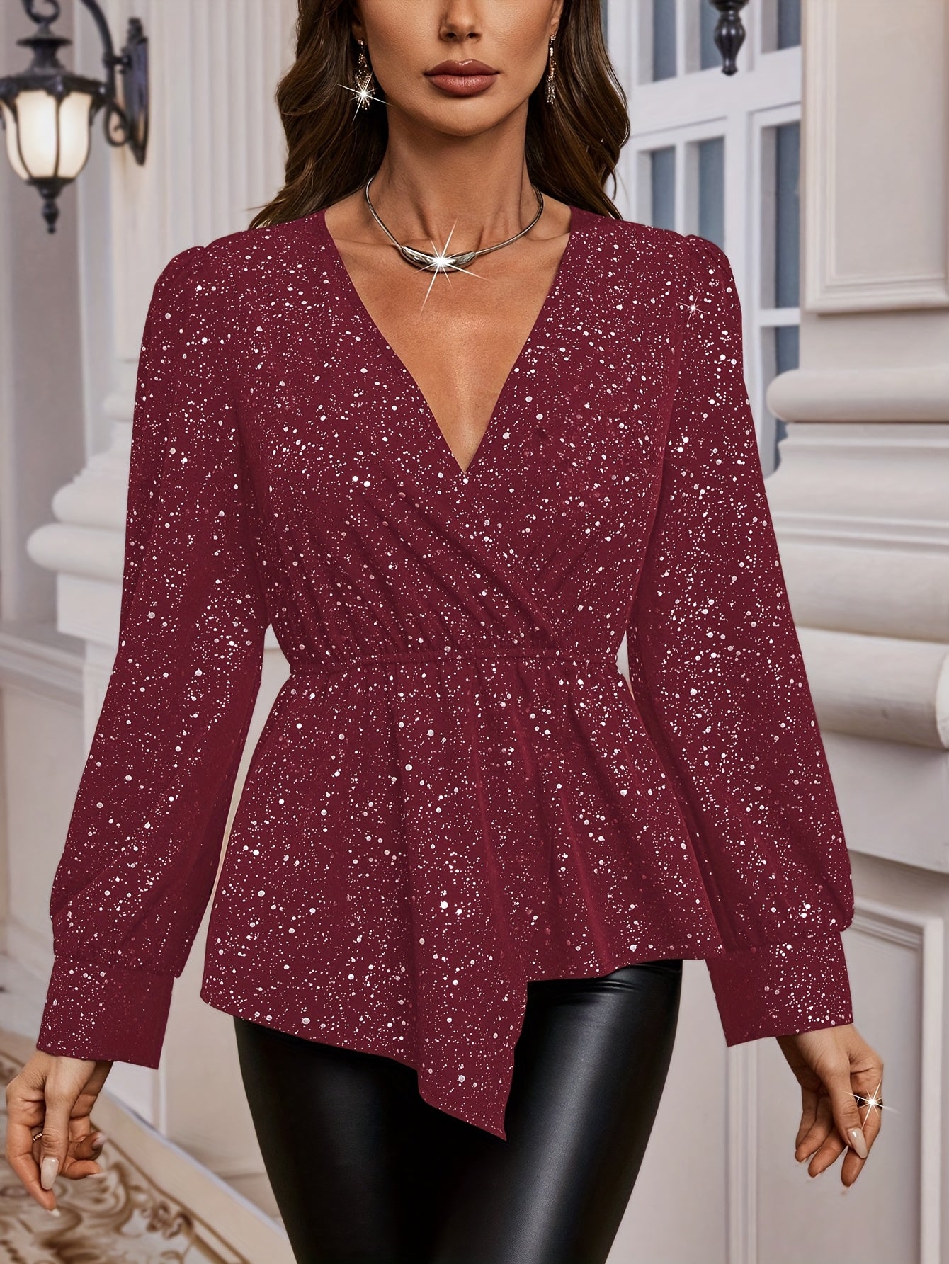 V-neck long-sleeved asymmetrical hem peplum top for women