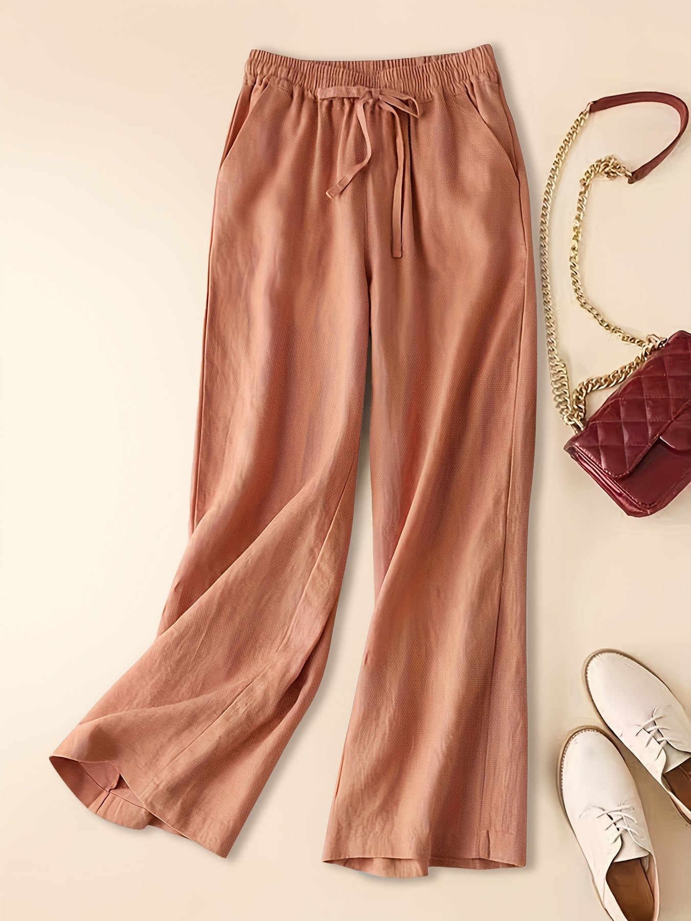 Women's Linen Wide-Leg Pants - Elastic Waist - Lightweight Breathable Fabric - Full Length
