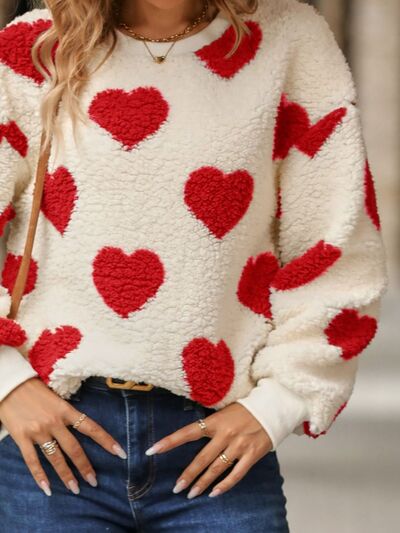 Women's Fuzzy Sweater - Oversized Sherpa - Heart Pattern - Cozy Crew Neck