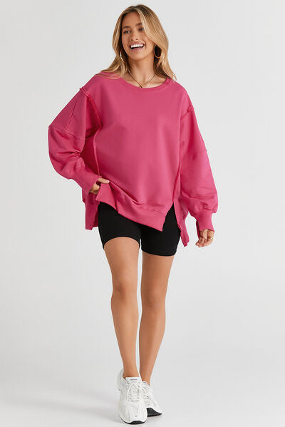 Women's Oversized Sweatshirt - Crew Neck - Long Sleeve - Side Slits - Casual Wear