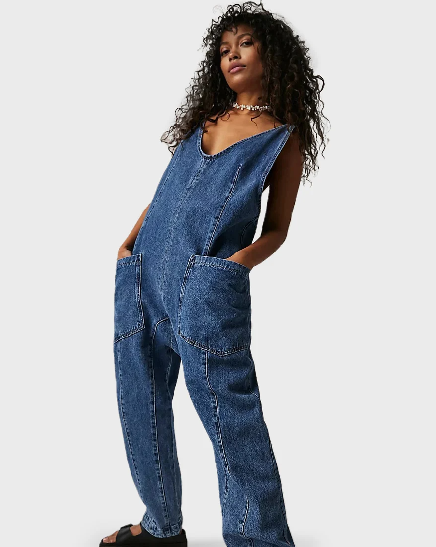 Women's Sleeveless Jumpsuit - V-Neck Loose Fit - Casual Lightweight with Pockets