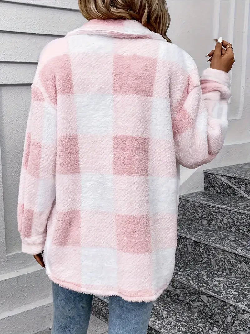 Women's plaid lapel long plush jacket coat