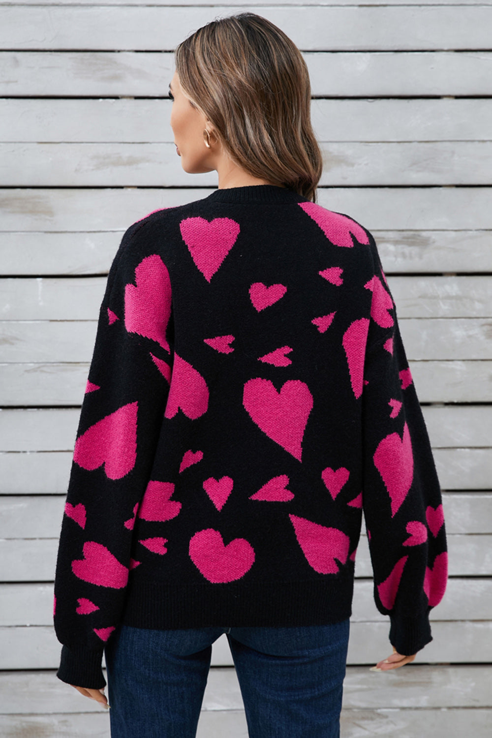 Heart Contrast Round Neck Sweater