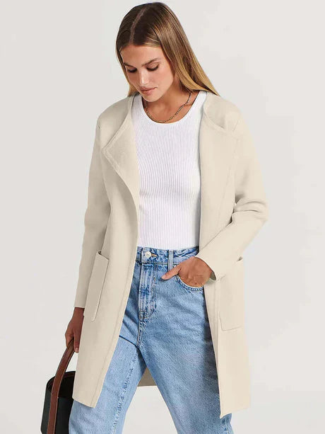 Women’s Open-Front Jacket – Relaxed Fit – Mid-Length – Long Sleeve with Patch Pockets