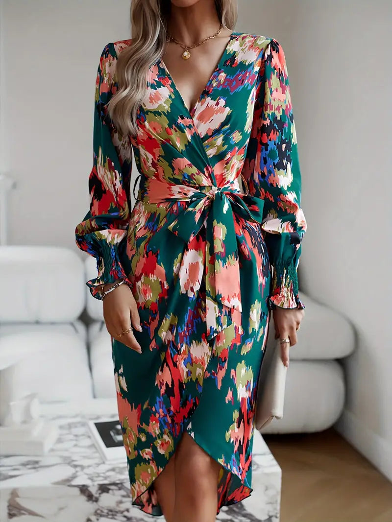 Women's Wrap Dress - V-Neck - Long Sleeve - Adjustable Tie Waist - Asymmetrical Hem