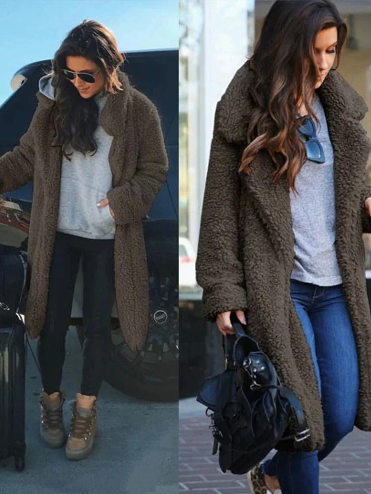 Women's lapel plush open front coat