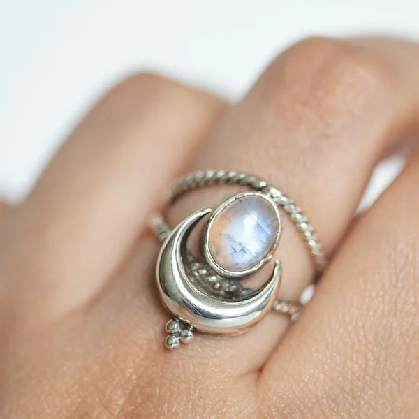 Oval Moon Phase Rainbow Moonstone Ring