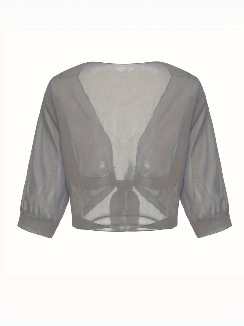 Women's Bolero Jacket - Open Front Tie Closure - Three-Quarter Sleeve Layering Piece