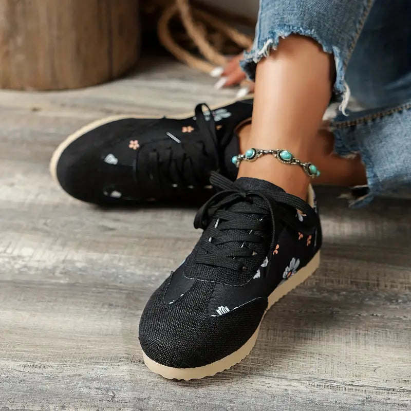 Floral Print Comfortable Lace-Up Sneakers