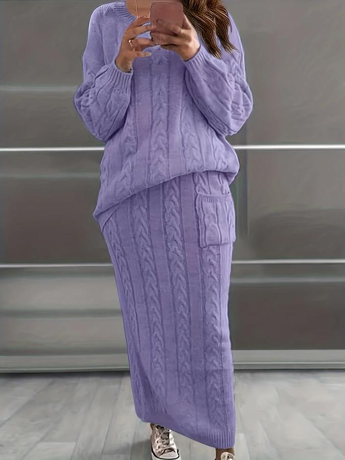 Women’s Knit Sweater and Skirt Set – Cable Pattern – Relaxed Fit – Long Sleeve – Ankle Length