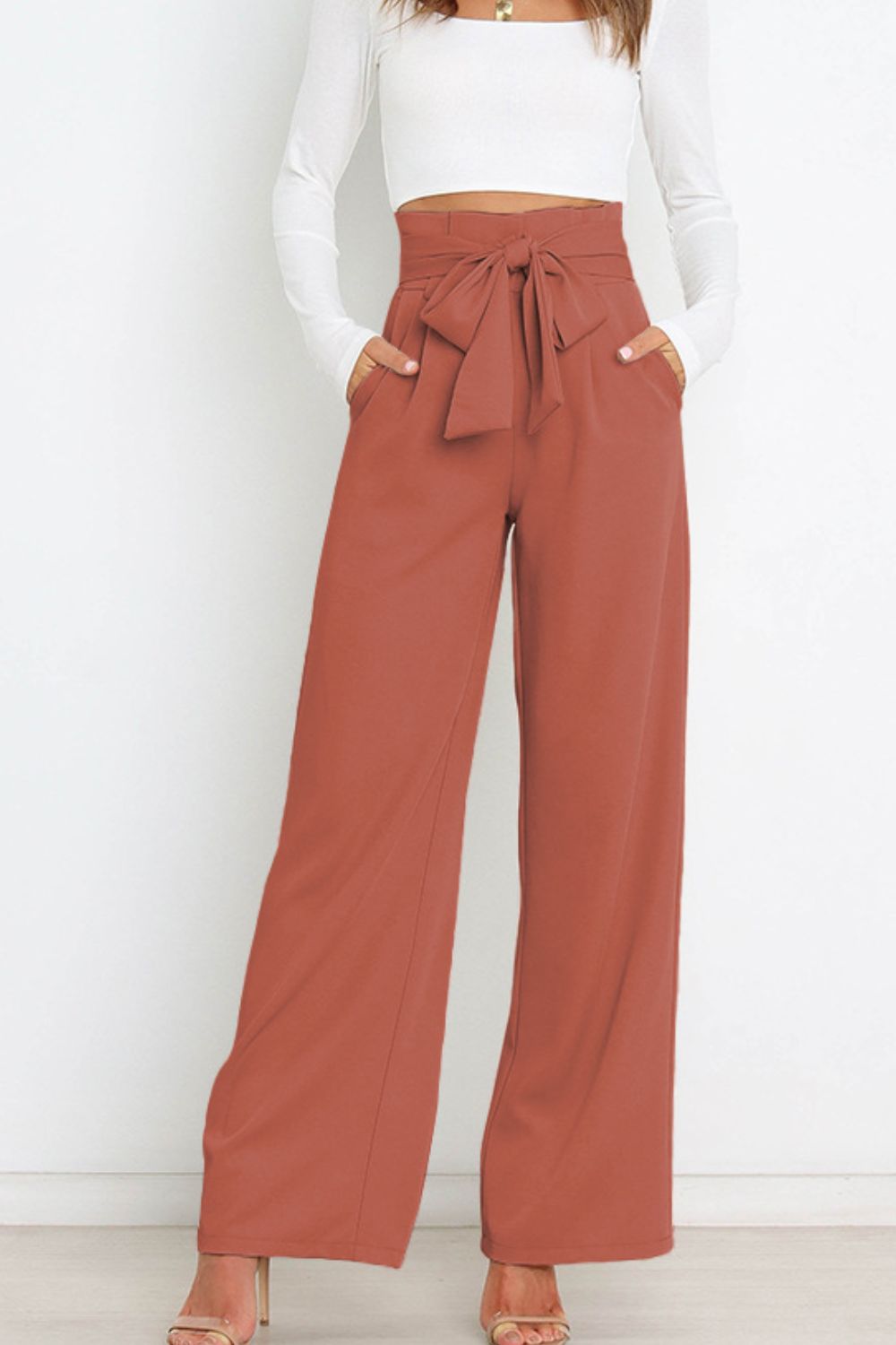 Women’s Wide-Leg Trousers – High Waist – Tailored Fit – Bow Waist Detail – Flowy Fabric