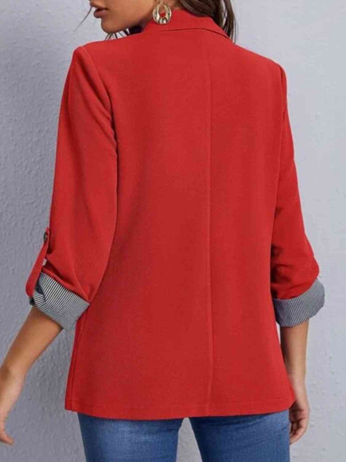 Women's Tailored Blazer - Notched Lapel - Three-Quarter Roll-Tab Sleeves - Open Front