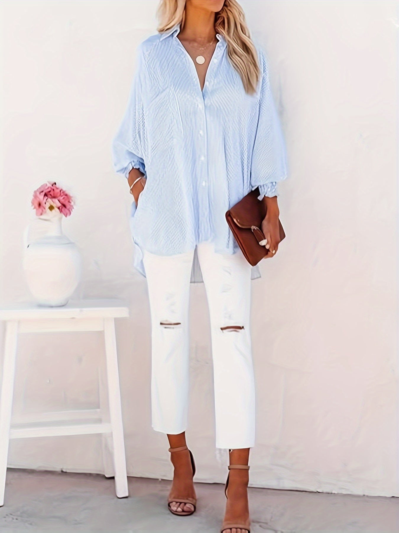 Women's Button-Down Shirt - Oversized Fit - Pinstripe Long Sleeve - Classic Collar