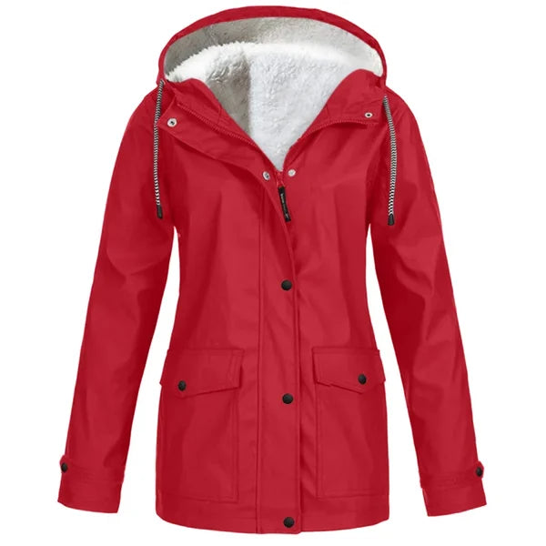 Women's Hooded Raincoat - Waterproof - Faux Fur Lined - Adjustable Cuffs - Zip Closure