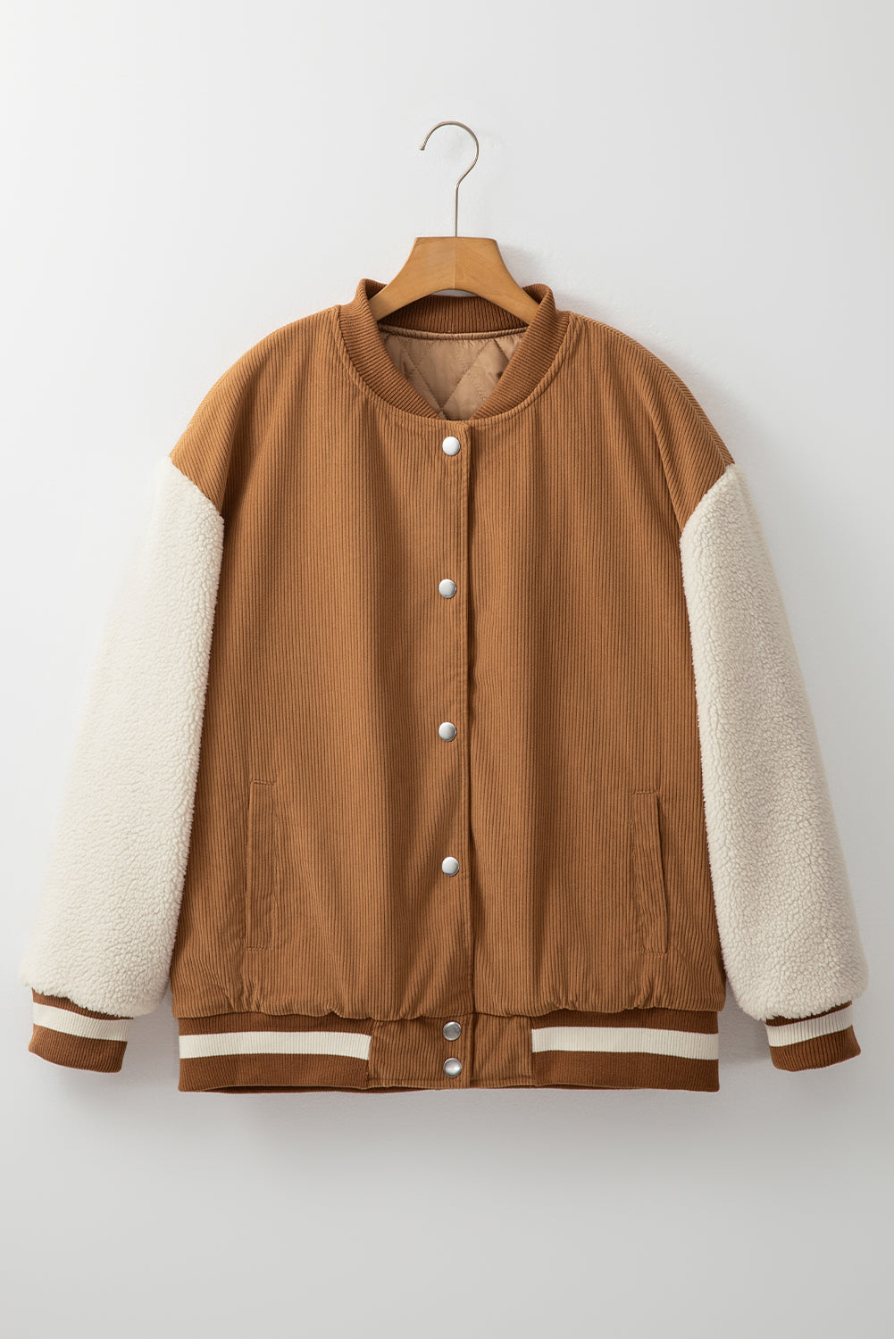 Women’s Jacket - Corduroy Body with Sherpa Sleeves - Button Front - Relaxed Fit Casual Wear