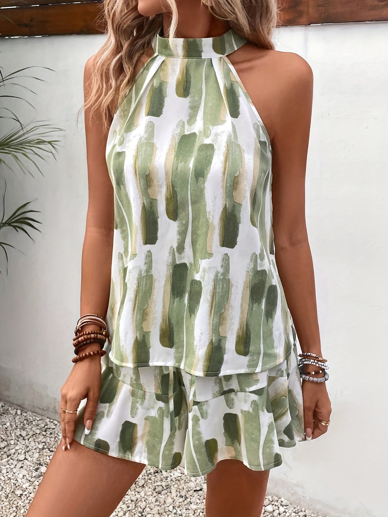 Women's Halter Neck Romper - Sleeveless Tie-Back - Flowy Layered Shorts