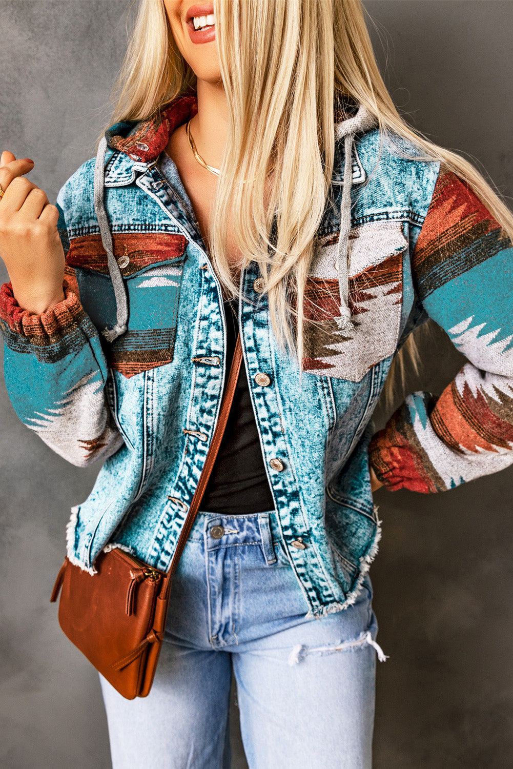 Elegant denim patchwork jacket with button-down design for women