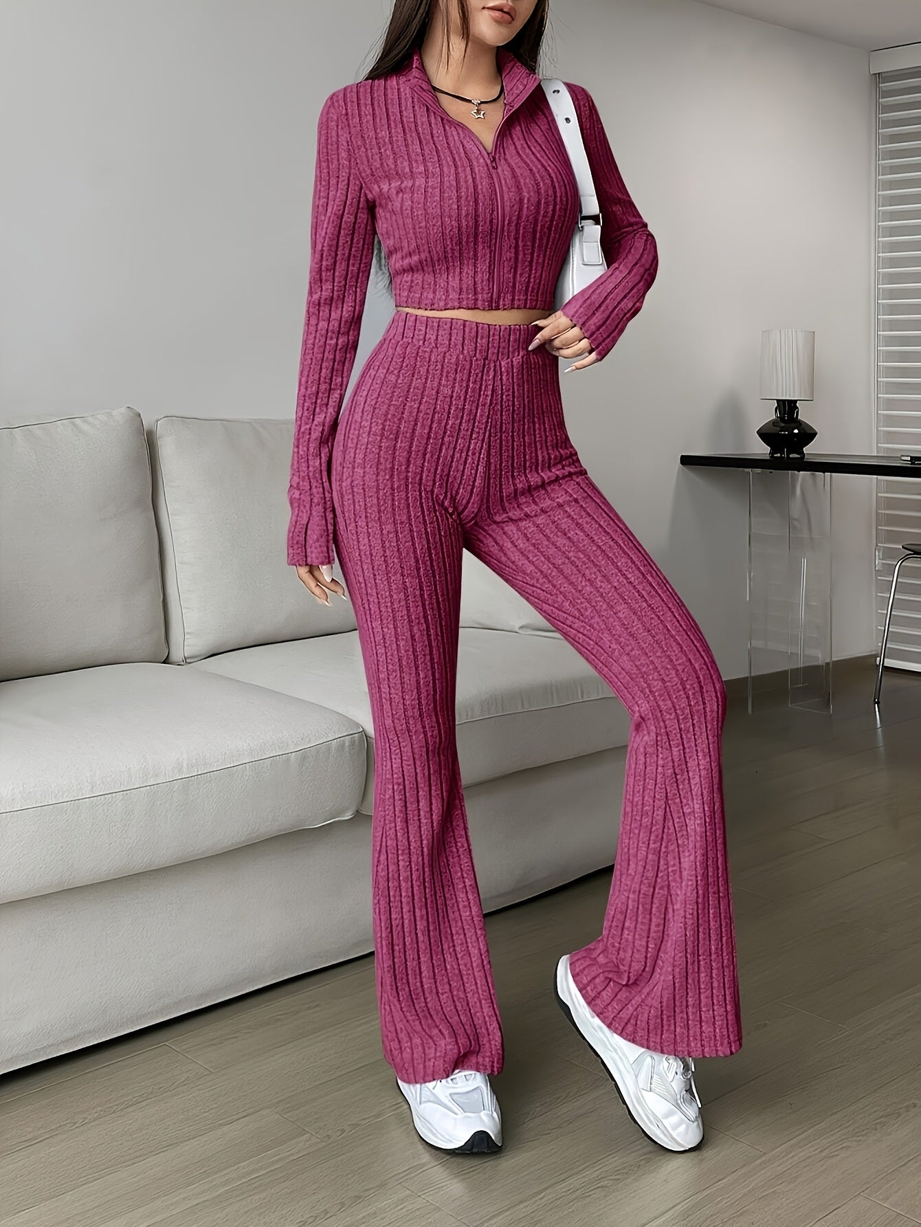 Two-piece ribbed zip-up cropped jacket and flared pants lounge set for women