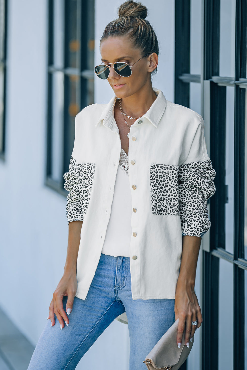 Women’s Shacket Jacket – Relaxed Fit – Leopard Print Detail – Button-Up Casual Layer