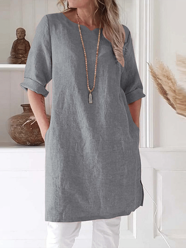 Women's Tunic Dress - Lightweight Linen Blend - Loose Fit with Pockets - 3/4 Sleeve