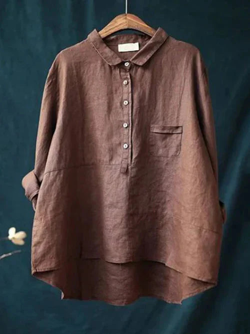 Women's Linen Shirt - Relaxed Fit - Long Sleeve - Half Button Casual Collared Top