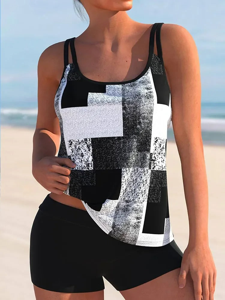 Women’s Tankini Top – Relaxed Fit – Double Strap – Geometric Print – Breathable Blend