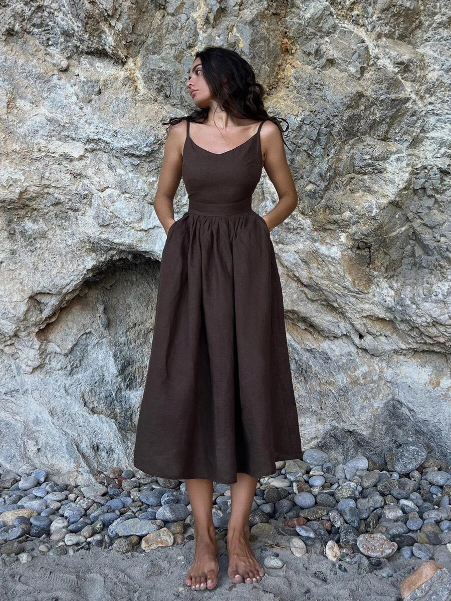 Women's Sundress - Lightweight Linen - Sleeveless V-Neck - Flowy Relaxed Fit