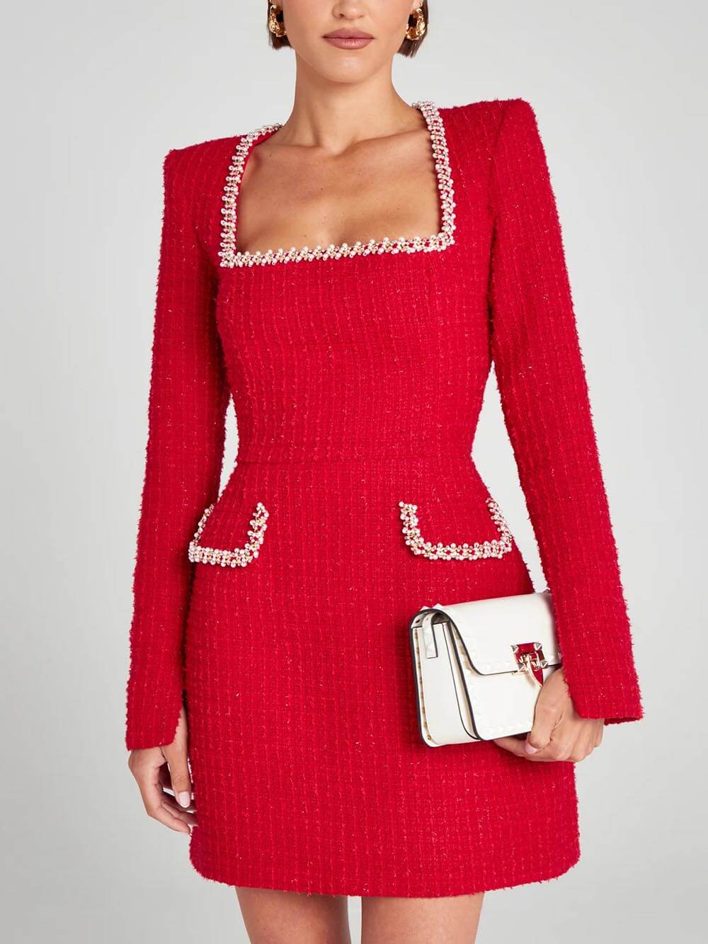 Women's Mini Dress - Square Neckline - Long Sleeve - Embellished Trim & Pockets