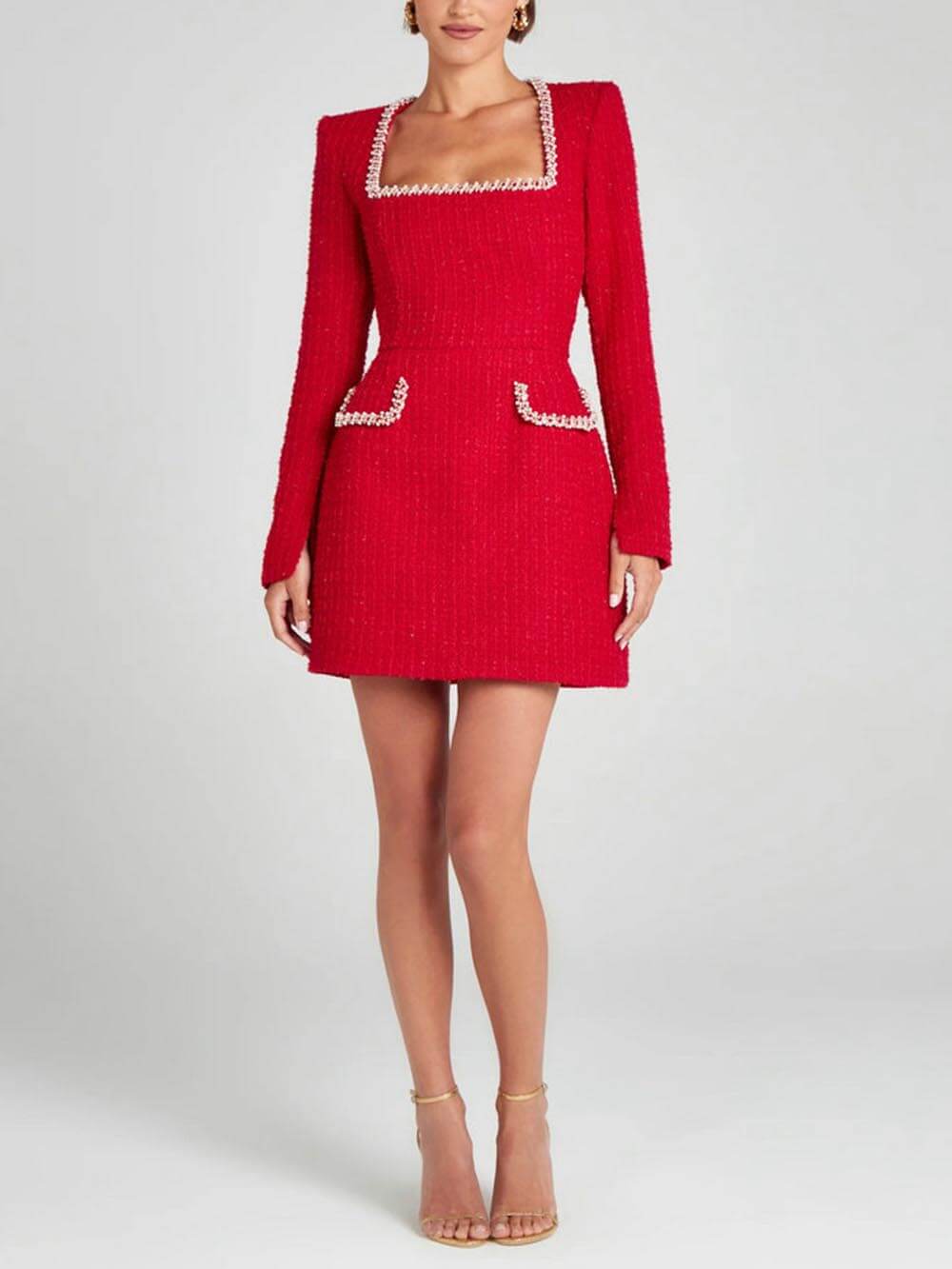 Women's Mini Dress - Square Neckline - Long Sleeve - Embellished Trim & Pockets