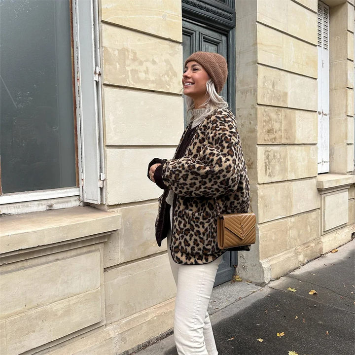 Leopard print jacket for women with button closure