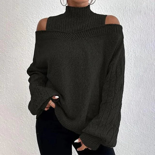 Off-Shoulder Loose Knit Half-Turtleneck Sweater