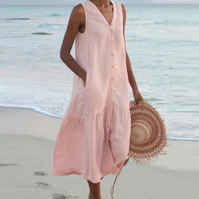 Women's Midi Dress - Sleeveless V-Neck - Button-Down with Pockets - Relaxed Fit