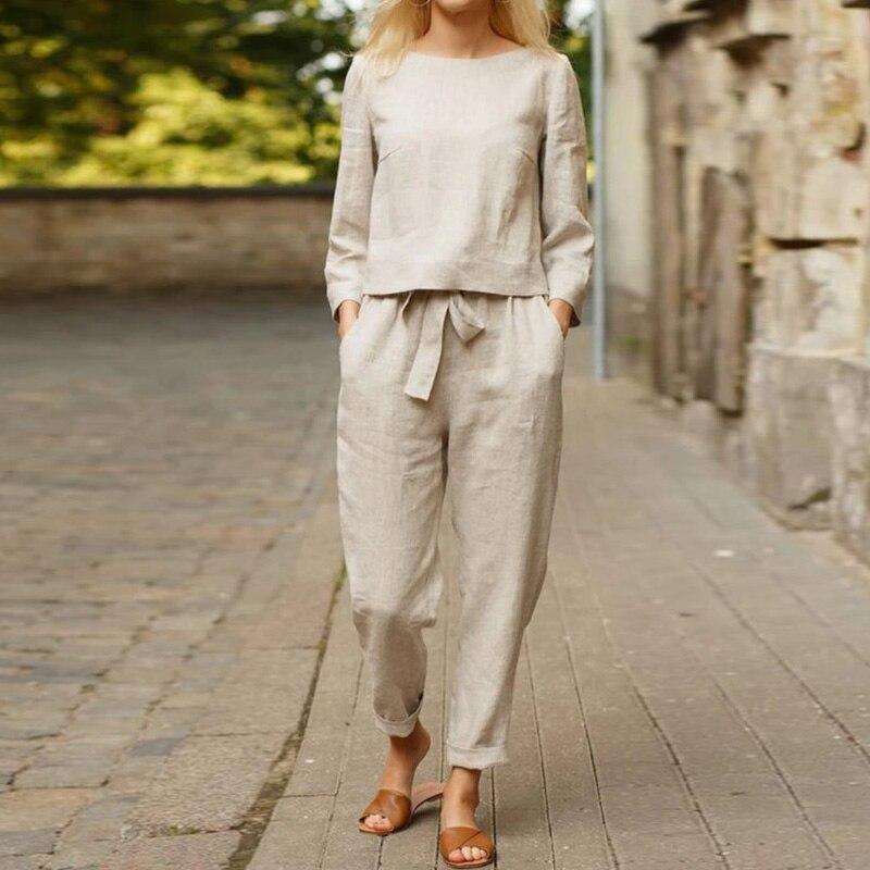 Women's Linen Matching Set - Relaxed Fit - Long Sleeve Top & Straight-Leg Pants