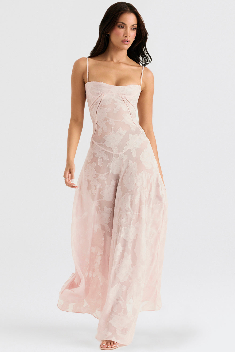 Women's Evening Gown - Floral Sheer Overlay - Spaghetti Straps - Sweetheart Neckline