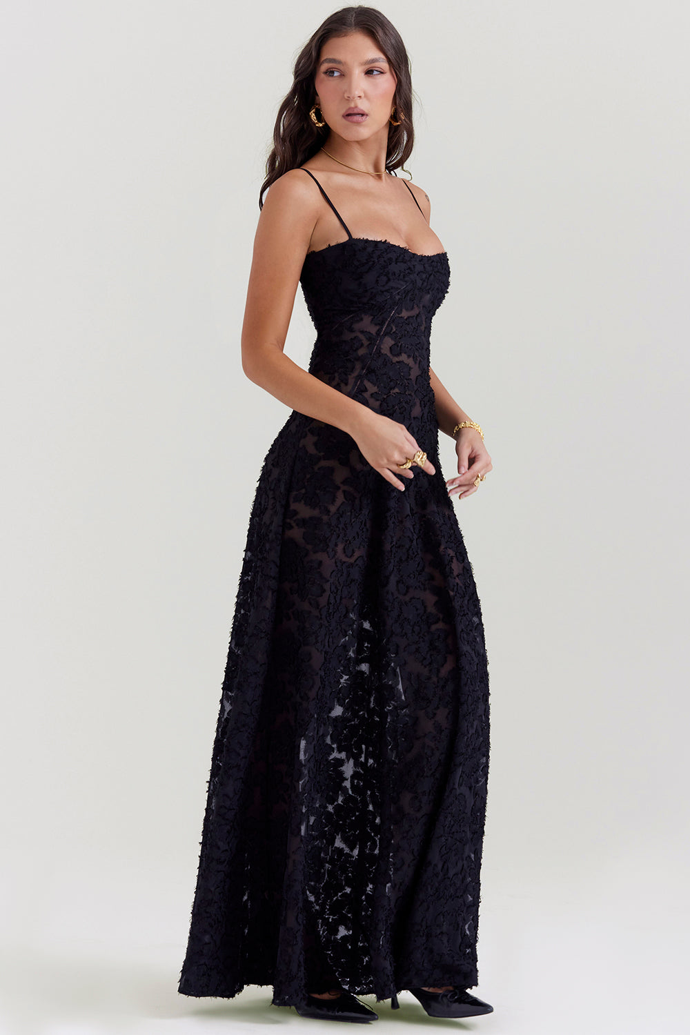 Women's Evening Gown - Floral Sheer Overlay - Spaghetti Straps - Sweetheart Neckline